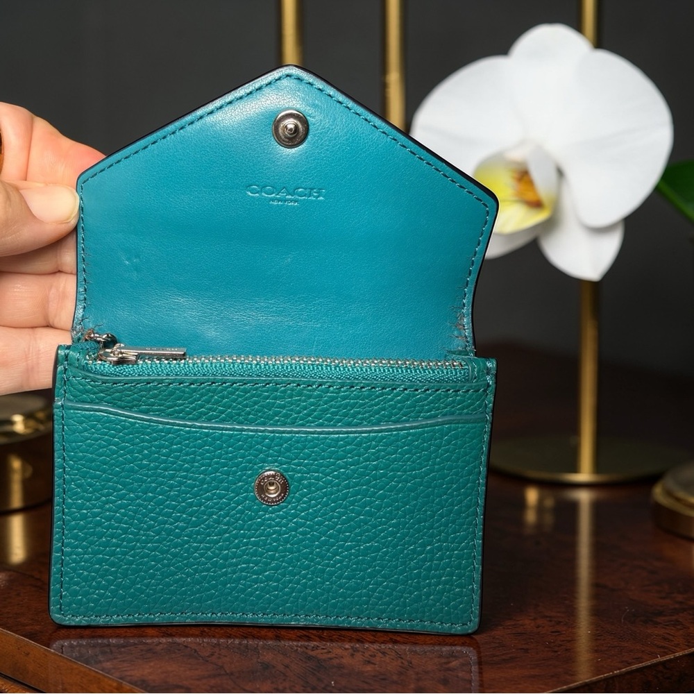 Coach Pebbled Leather Envelope Snap Wallet / Card Case – Teal Green 🩵 - Picture 5 of 10
